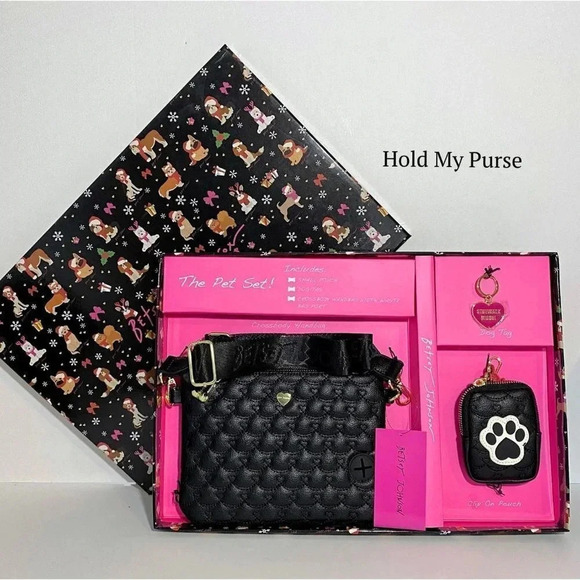 Betsey Johnson Other - Betsey Johnson The Pet Set Black Crossbody Bag, Dog Collar Tag & Keychain Pouch